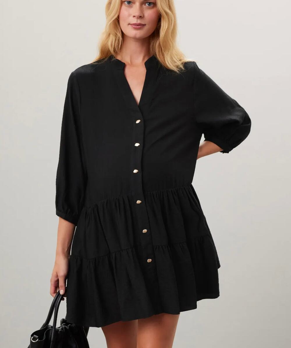 Soon Maternity Black Mini Dress XS Cottage Tier Ruffle Work Party Designer $180